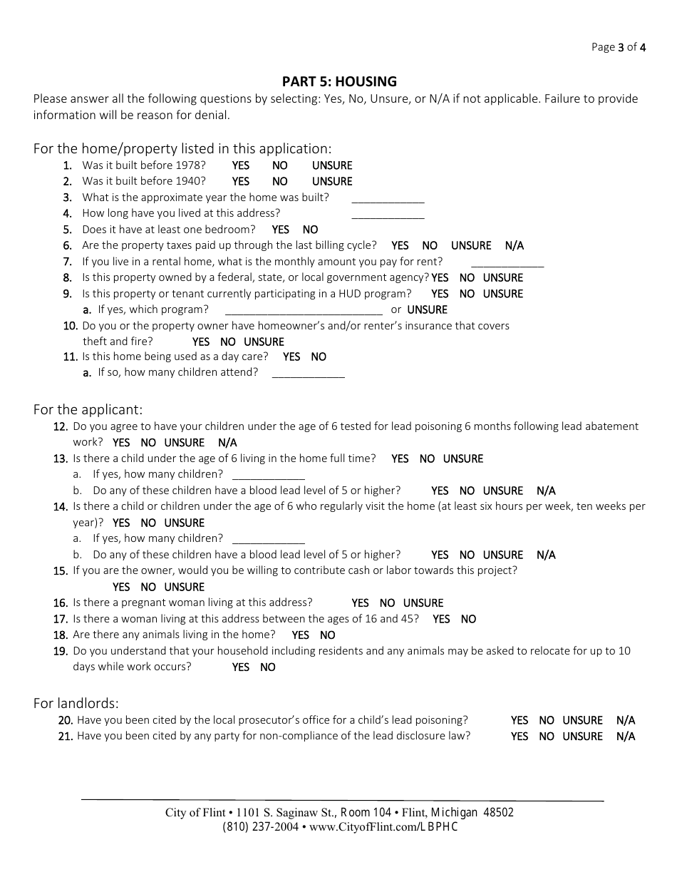 City of Flint, Michigan LeadBased Paint Hazard Control Program Application Fill Out, Sign
