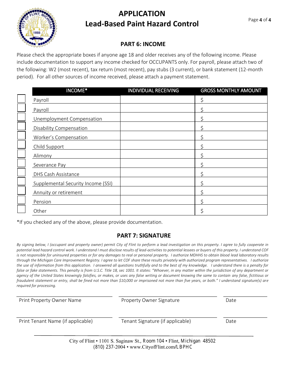City of Flint, Michigan LeadBased Paint Hazard Control Program Application Fill Out, Sign