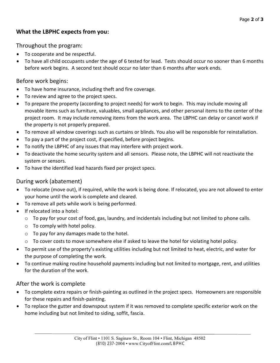 City of Flint, Michigan Participant Expectations LeadBased Paint Hazard Control Program