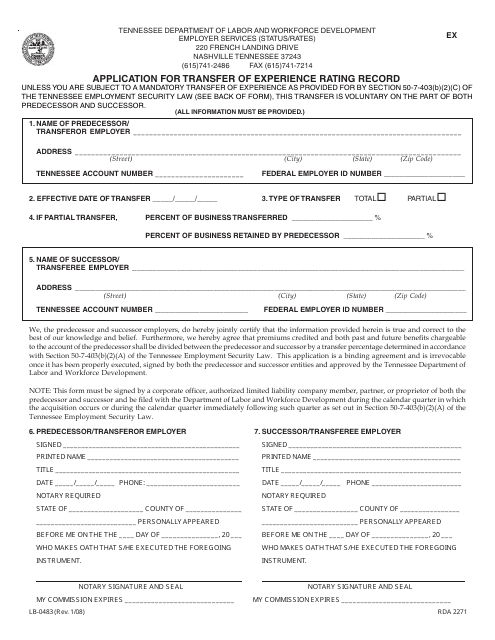 Form LB-0483 Application for Transfer of Experience Rating Record - Tennessee