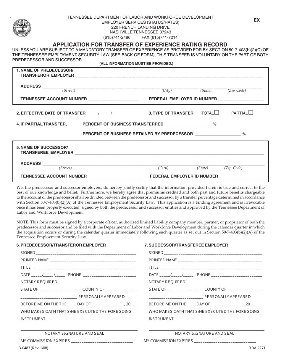 Form LB-0483 Application for Transfer of Experience Rating Record - Tennessee, Page 1