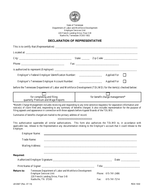 Form LB-0927 Declaration of Representative - Tennessee