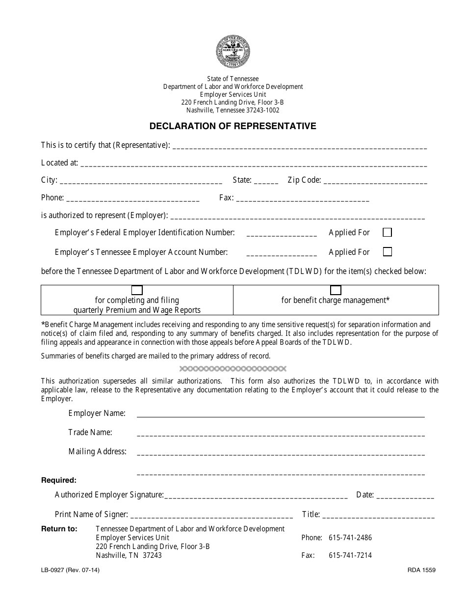 Form LB-0927 Declaration of Representative - Tennessee, Page 1