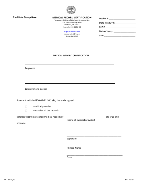 Form LB-1097 Medical Record Certification - Tennessee