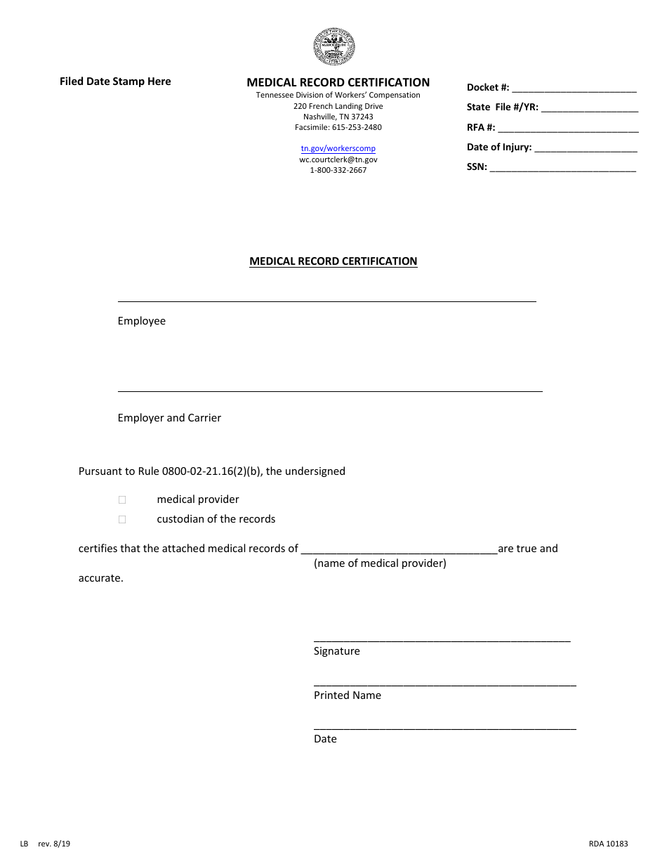 Form LB-1097 Medical Record Certification - Tennessee, Page 1