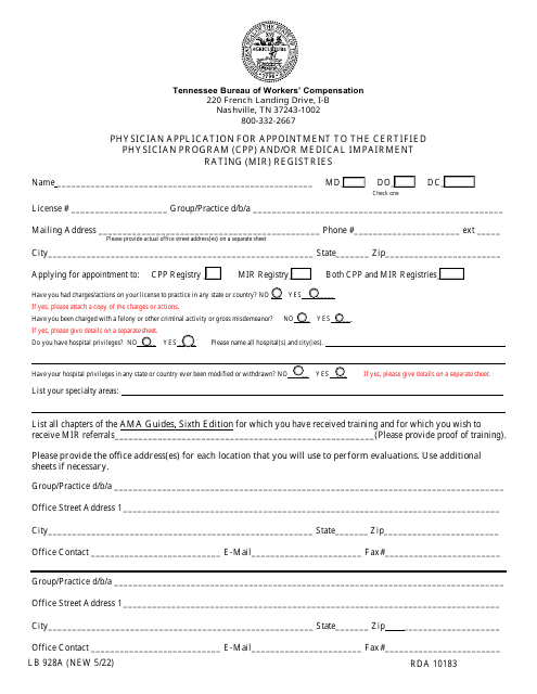 Form LB928A Physician Application for Appointment to the Certified Physician Program (Cpp) and/or Medical Impairment Rating (Mir) Registries - Tennessee