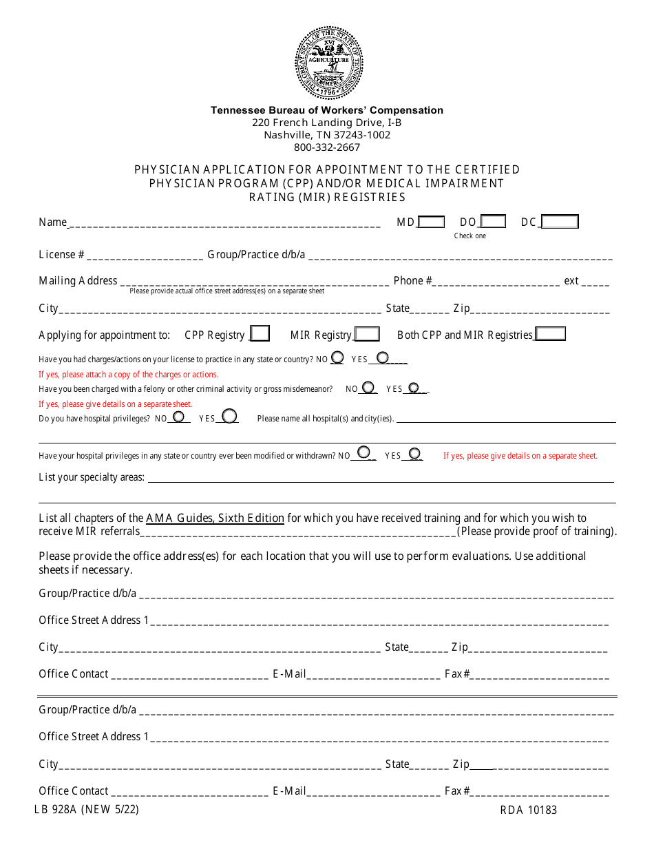 Form LB928A Physician Application for Appointment to the Certified Physician Program (Cpp) and / or Medical Impairment Rating (Mir) Registries - Tennessee, Page 1