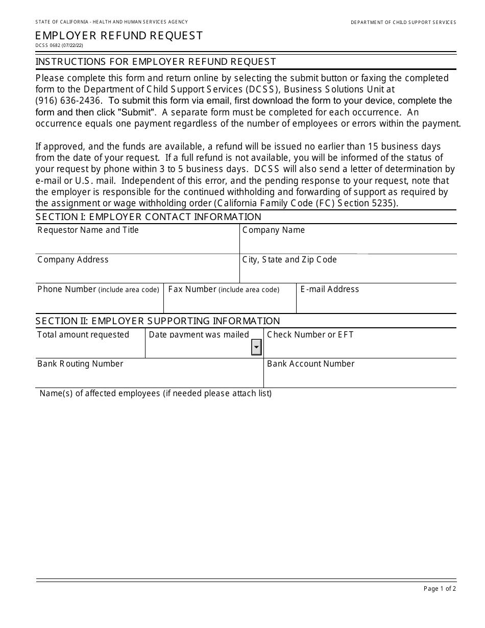 Form DCSS0682 Employer Refund Request - California, Page 1