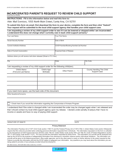 Form DCSS0018 Incarcerated Parent's Request to Review Child Support - California