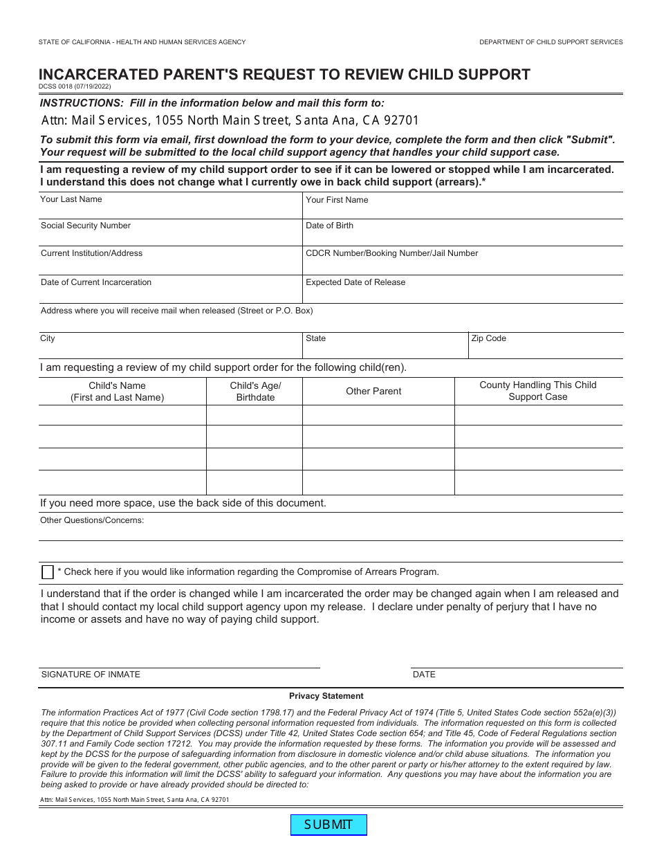 Form DCSS0018 Incarcerated Parents Request to Review Child Support - California, Page 1