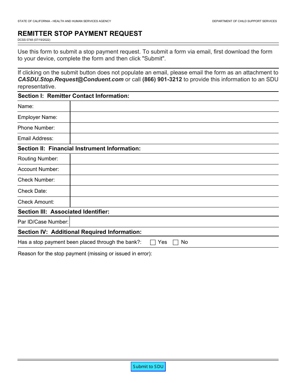 Form DCSS0748 Remitter Stop Payment Request - California, Page 1
