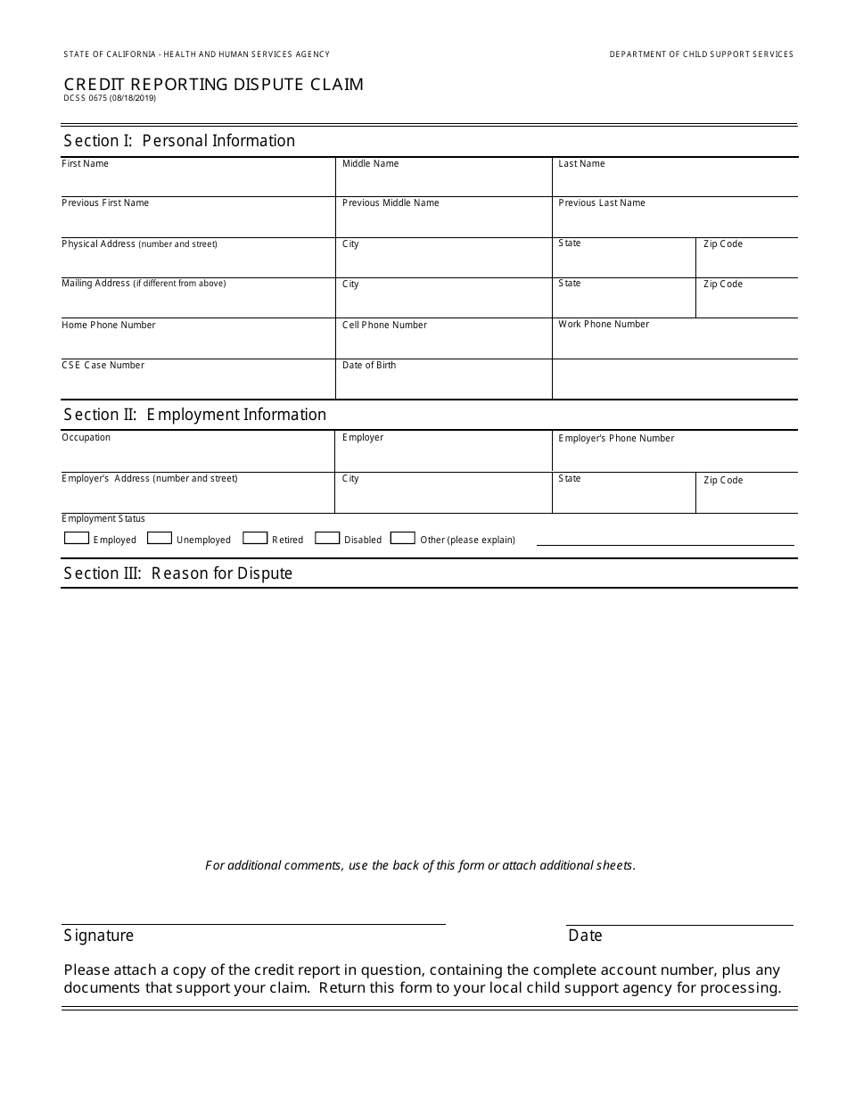 Form DCSS0675 Credit Reporting Dispute Claim - California, Page 1