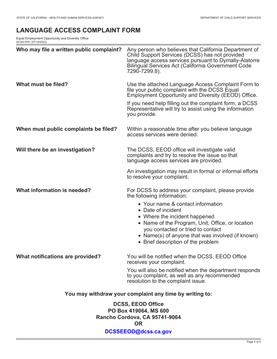 Form DCSS0761 Language Access Complaint Form - California, Page 4