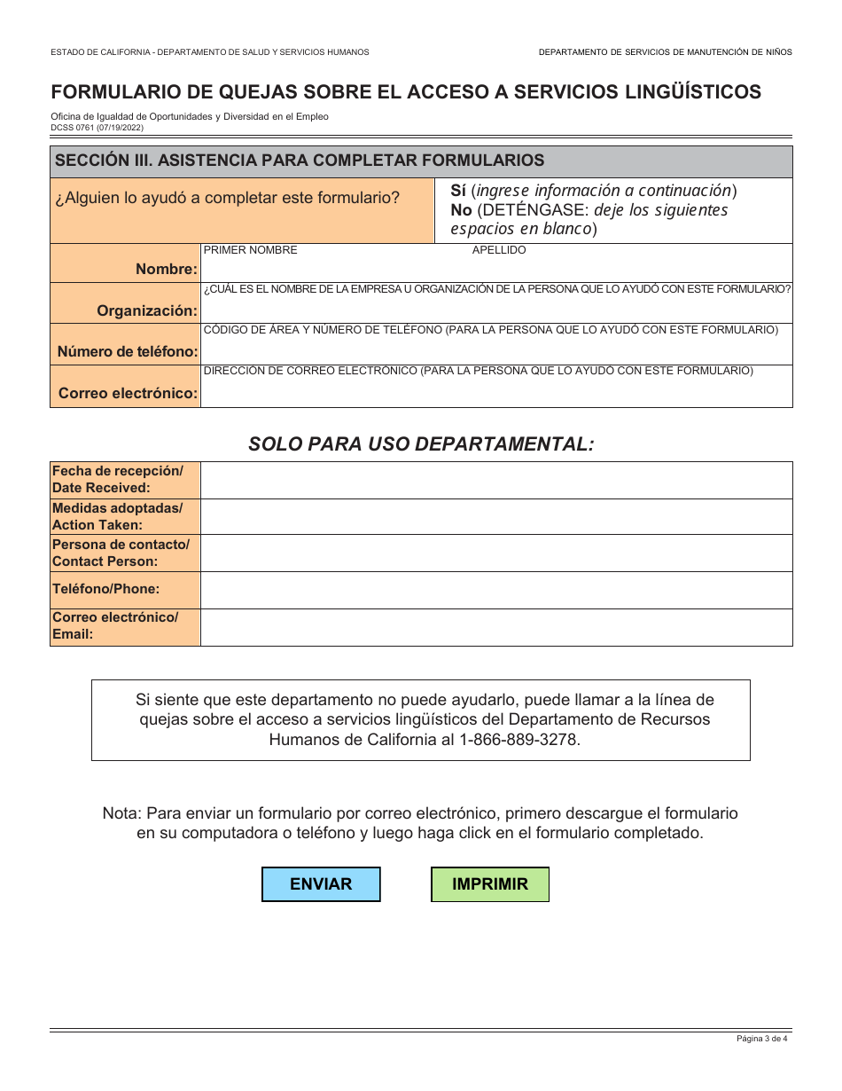 Formulario DCSS0761 Formulario De Quejas Sobre El Acceso a Servicios Linguisticos - California (Spanish), Page 3