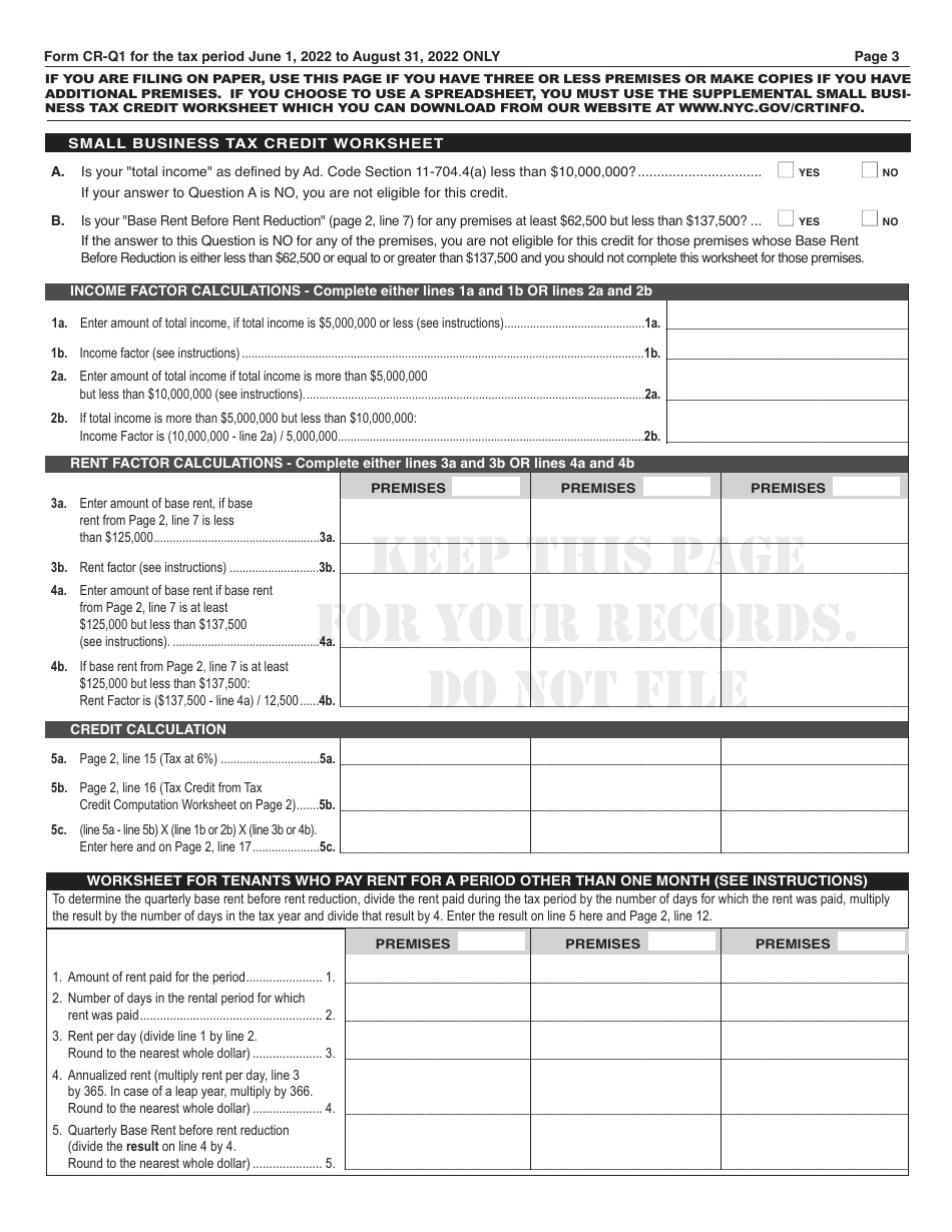 Form CR-Q1 Commercial Rent Tax 1st Quarter Return - New York City, Page 3