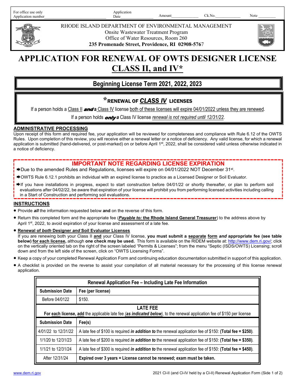 Application for Renewal of Owts Designer License - Class II, and IV - Onsite Wastewater Treatment Systems Program - Rhode Island, Page 1