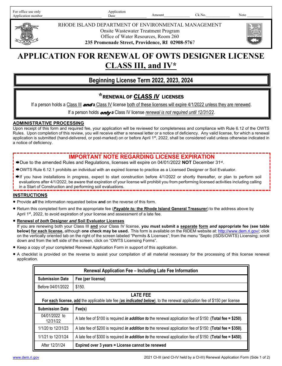 Application for Renewal of Owts Designer License - Class Iii, and IV - Onsite Wastewater Treatment Systems Program - Rhode Island, Page 1