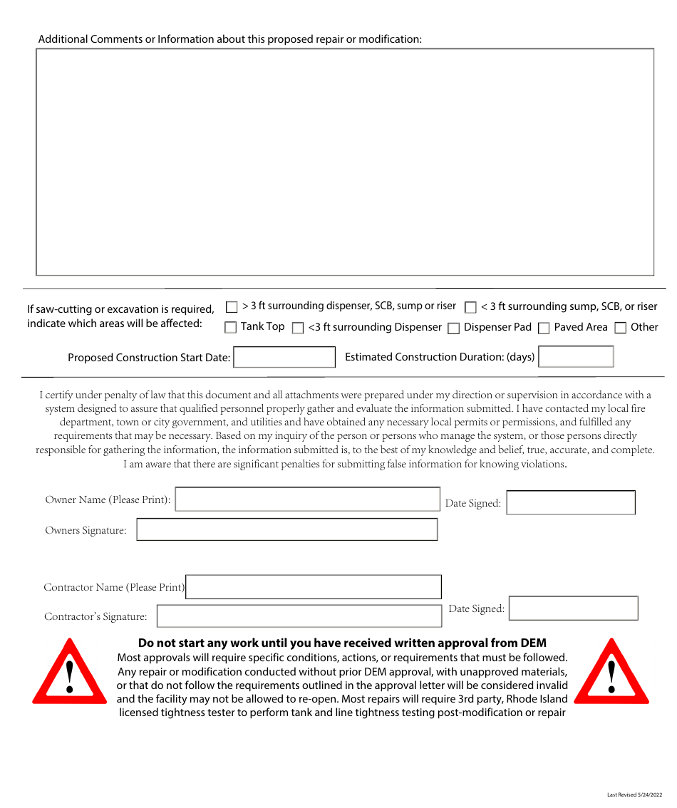 Application for the Repair or Modification of a Ust System - Rhode Island, Page 5