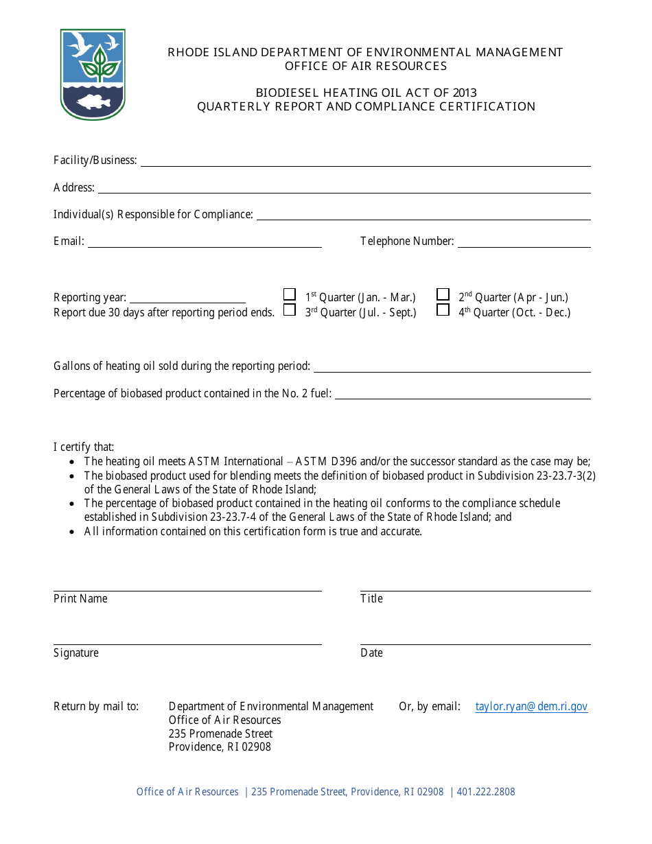Rhode Island Biodiesel Compliance Certification Form Fill Out Sign