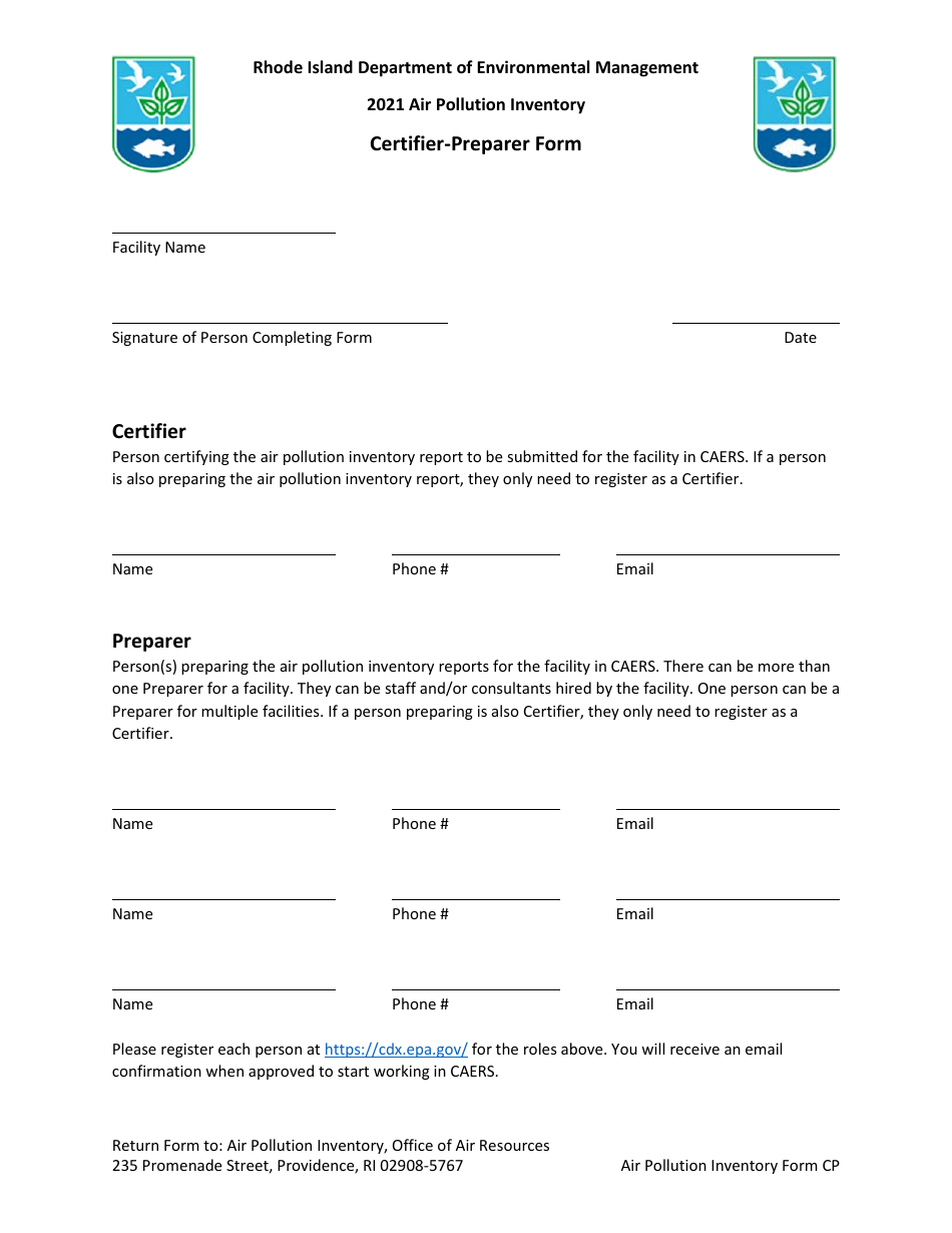API Form CP Certifier-Preparer Form - Air Pollution Inventory - Rhode Island, Page 1