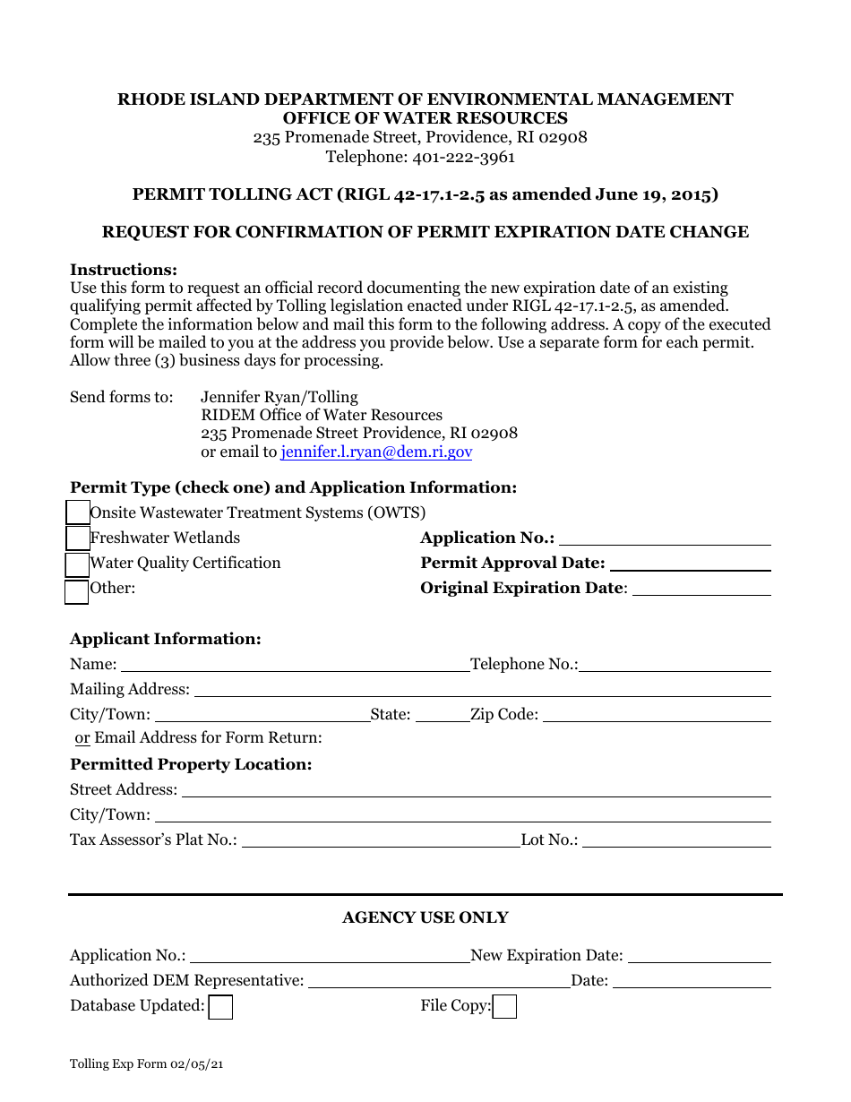 Request for Confirmation of Permit Expiration Date Change - Rhode Island, Page 1