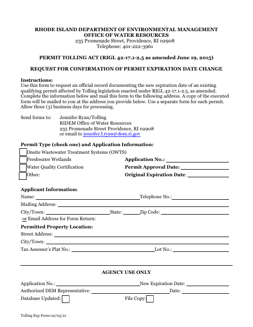 Request for Confirmation of Permit Expiration Date Change - Rhode Island Download Pdf