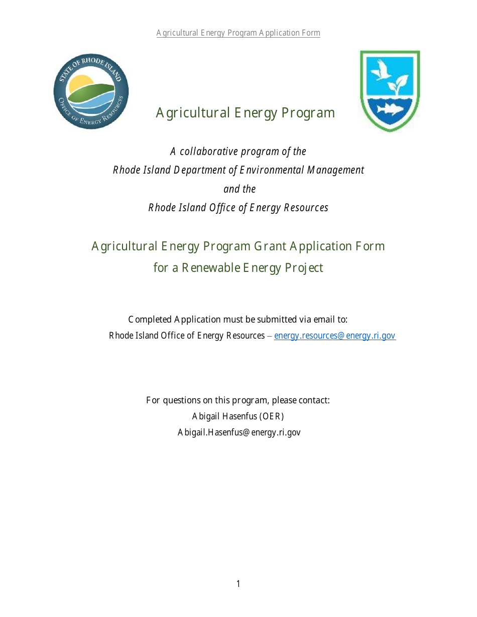 Agricultural Energy Program Grant Application Form for a Renewable Energy Project - Rhode Island, Page 1