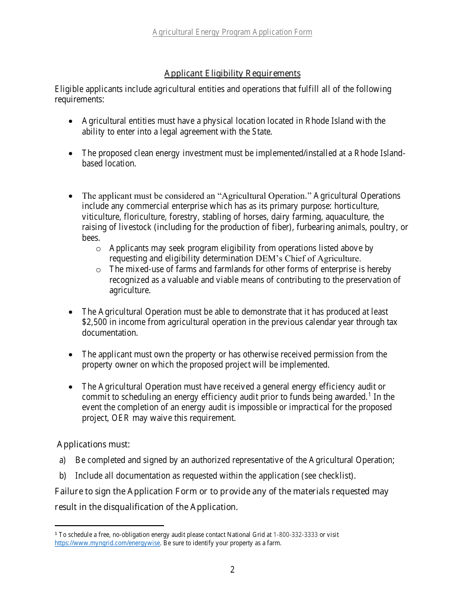 Agricultural Energy Program Grant Application Form for a Renewable Energy Project - Rhode Island, Page 2