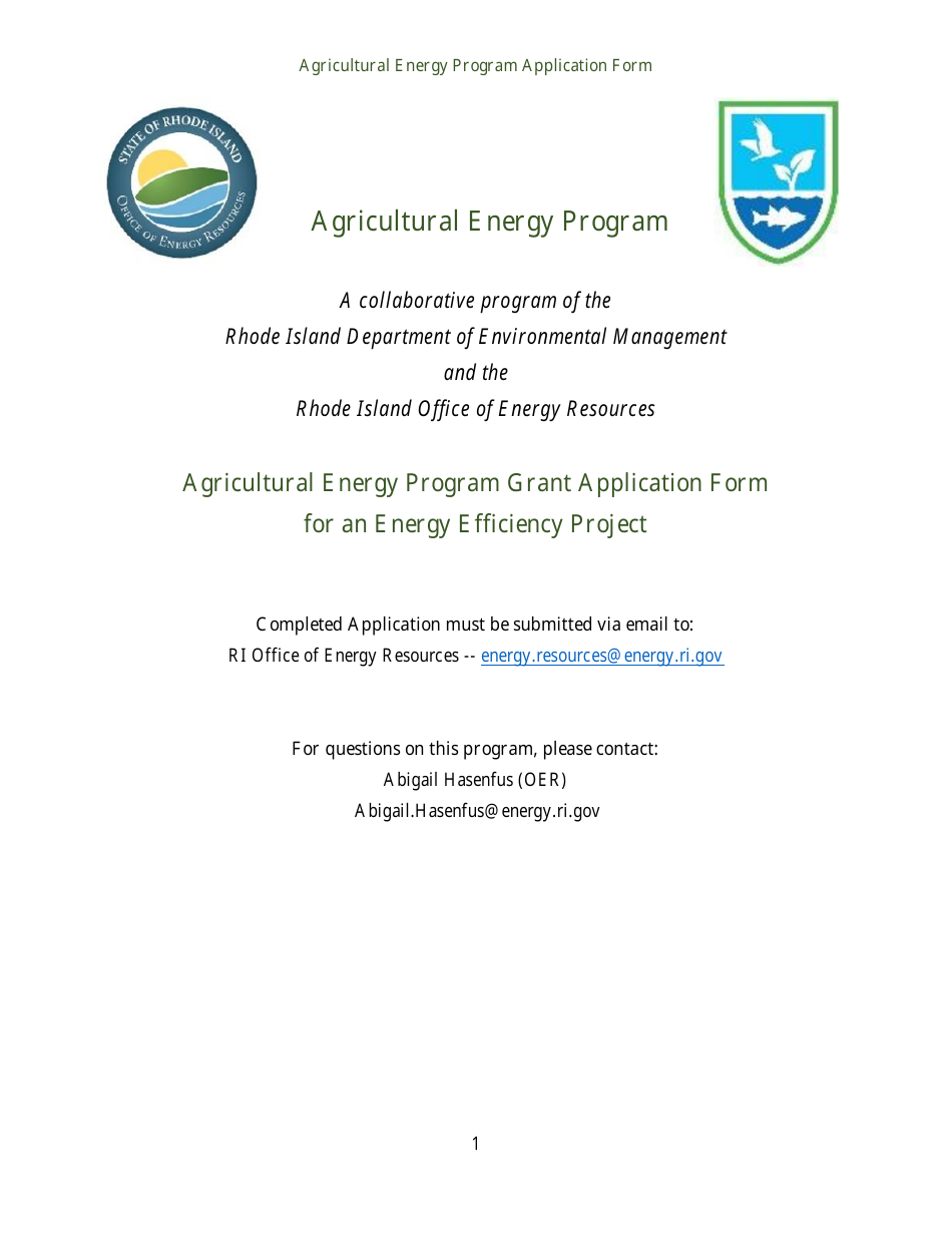Agricultural Energy Program Grant Application Form for an Energy Efficiency Project - Rhode Island, Page 1