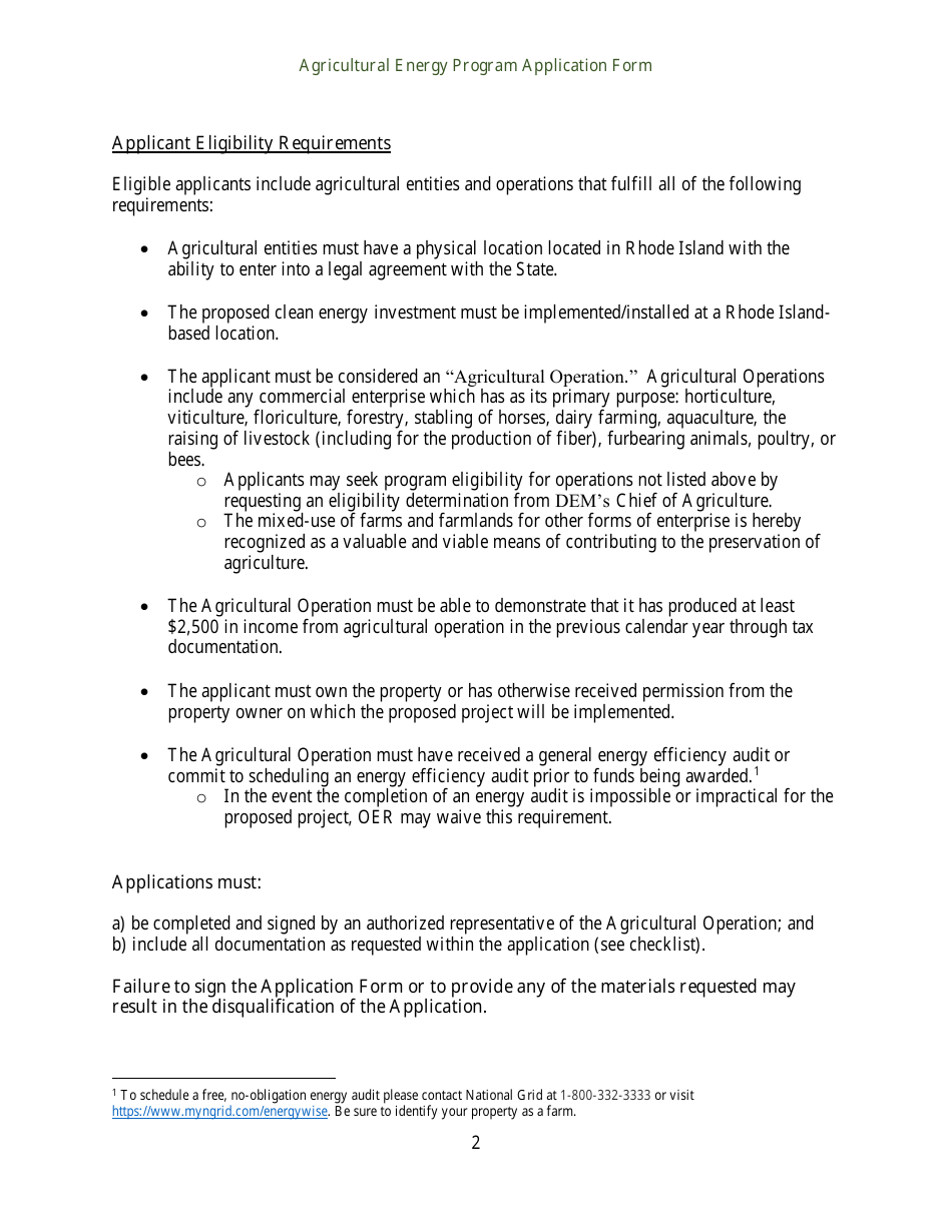 Agricultural Energy Program Grant Application Form for an Energy Efficiency Project - Rhode Island, Page 2