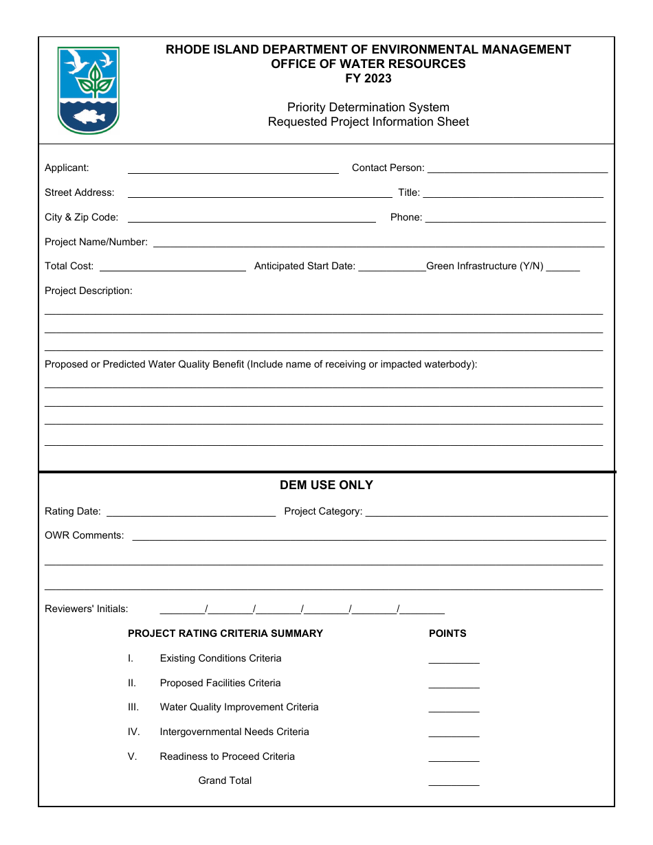 Priority Determination System Requested Project Information Sheet - Rhode Island, Page 1