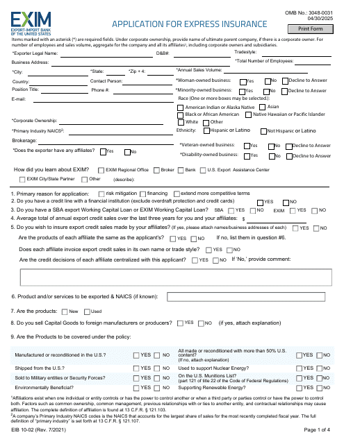 Form EIB10-02 Application for Express Insurance