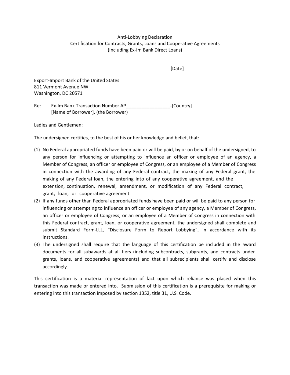 Anti-lobbying Declaration Certification for Contracts, Grants, Loans and Cooperative Agreements (Including Ex-im Bank Direct Loans), Page 1