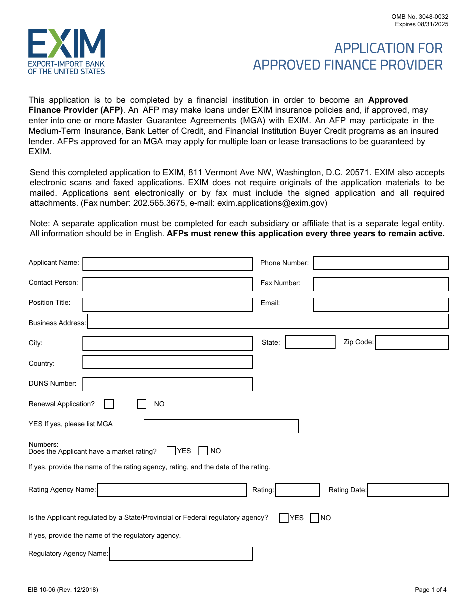 Form EIB10-06 Application for Approved Finance Provider, Page 1