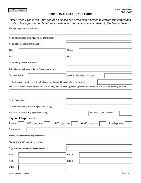 Form EIB99-14 Exim Trade Reference Form