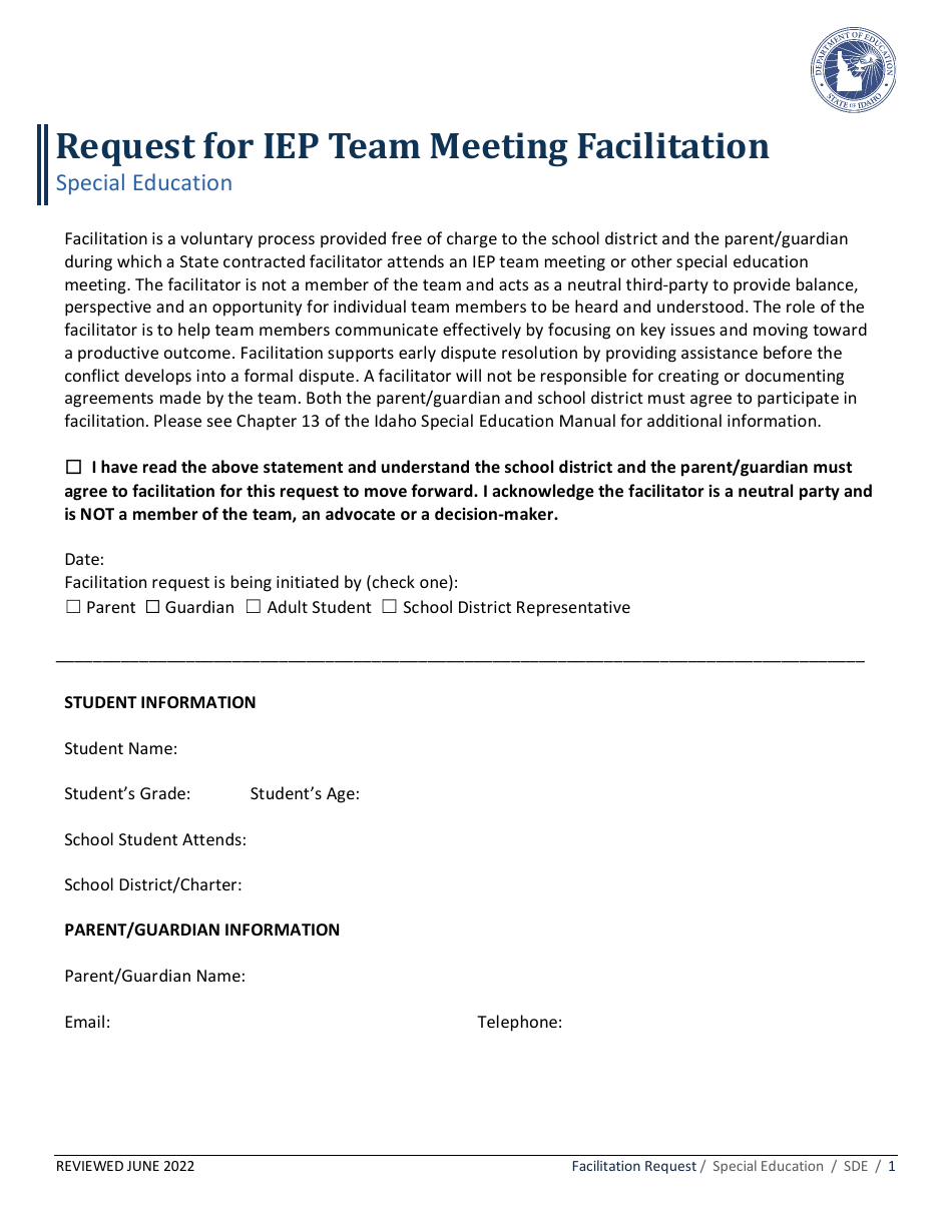 Request for Iep Team Meeting Facilitation - Special Education - Idaho, Page 1