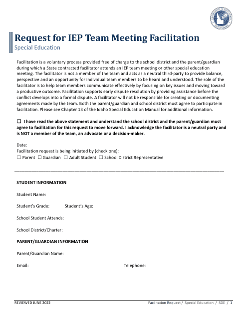 Request for Iep Team Meeting Facilitation - Special Education - Idaho Download Pdf