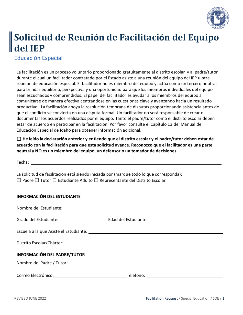Solicitud De Reunion De Facilitacion Del Equipo Del Iep - Educacion Especial - Idaho (Spanish), Page 1