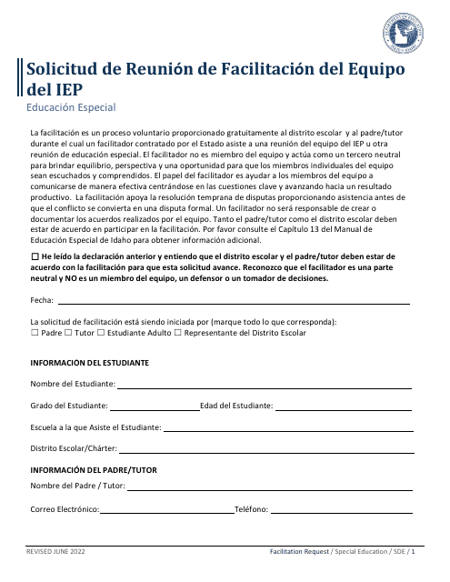 Solicitud De Reunion De Facilitacion Del Equipo Del Iep - Educacion Especial - Idaho (Spanish) Download Pdf
