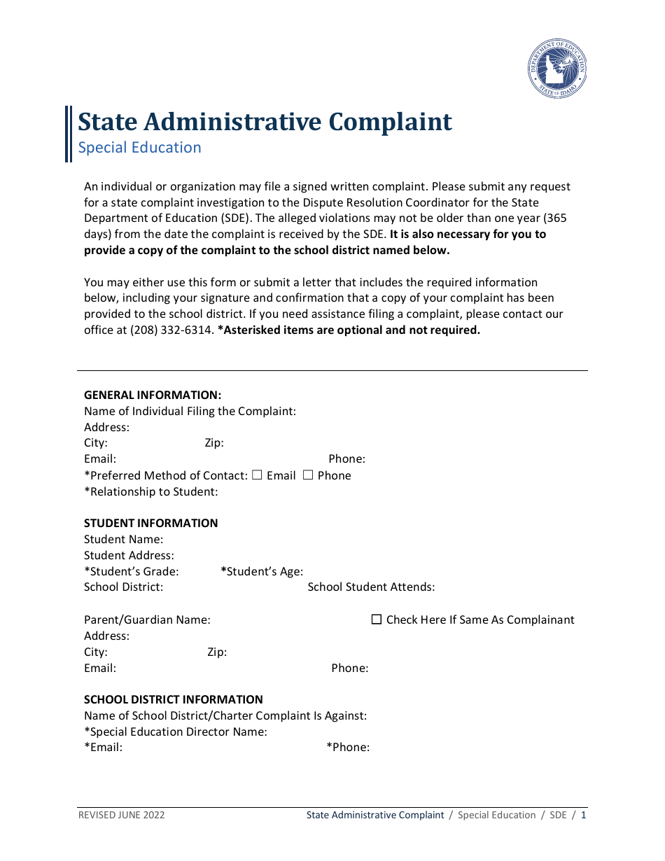State Administrative Complaint - Special Education - Idaho, Page 1