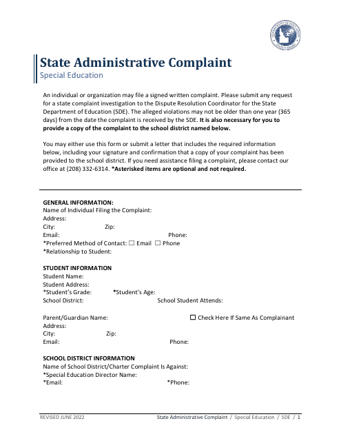 State Administrative Complaint - Special Education - Idaho Download Pdf