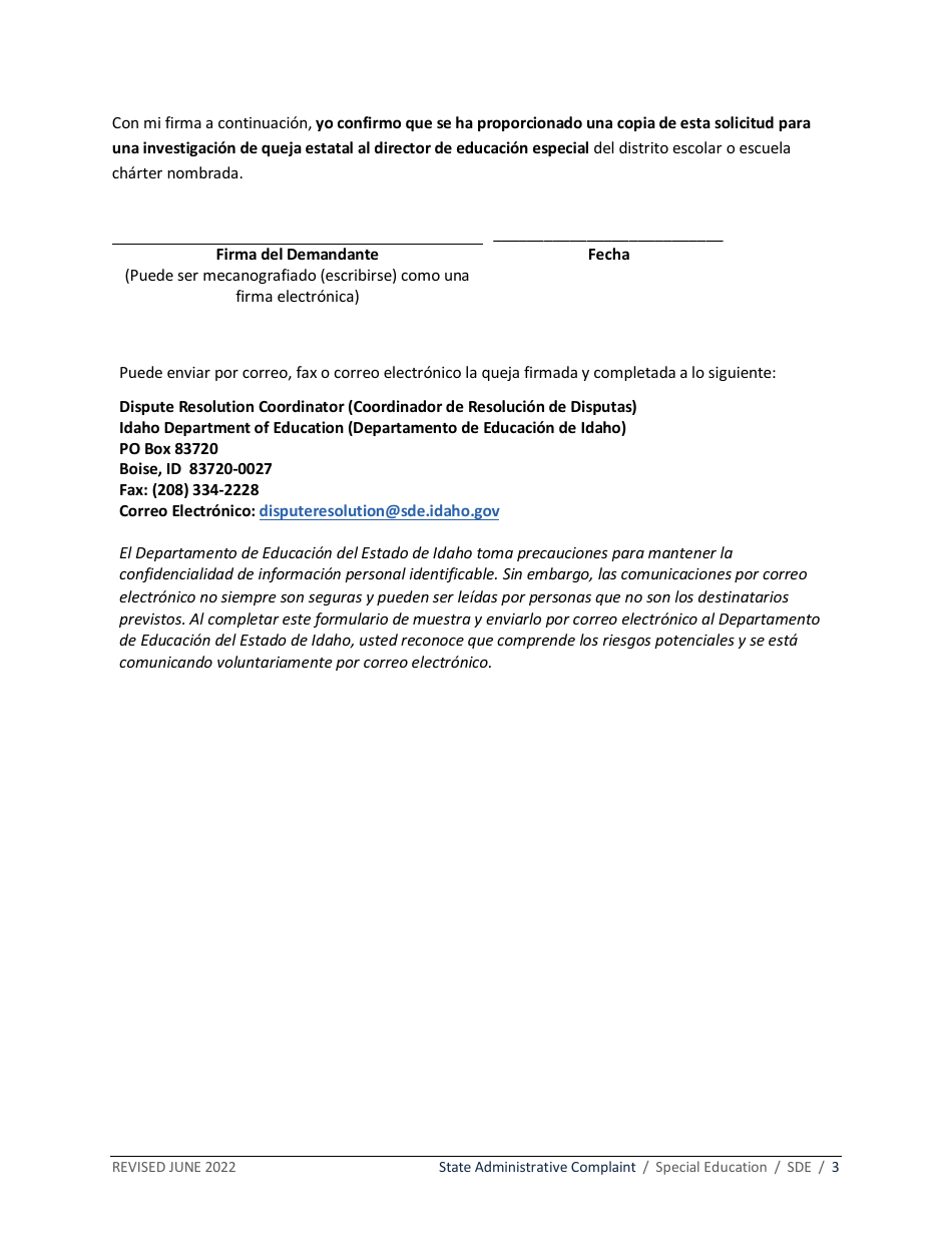 Queja Administrativa Estatal - Educacion Especial - Idaho (Spanish), Page 3