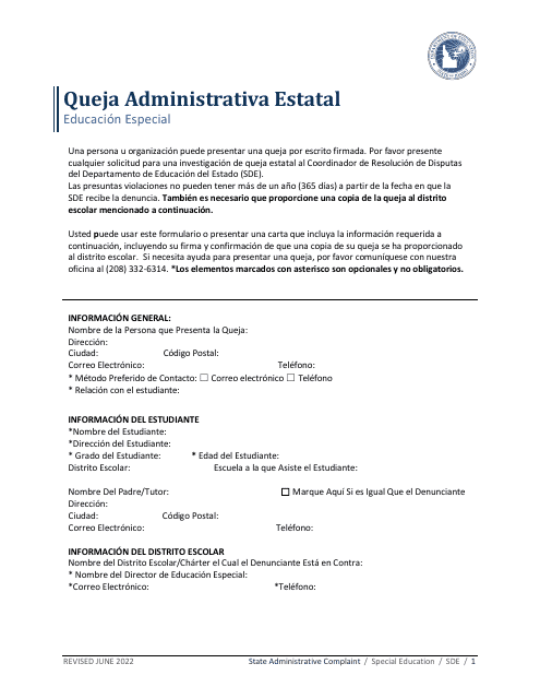 Queja Administrativa Estatal - Educacion Especial - Idaho (Spanish) Download Pdf