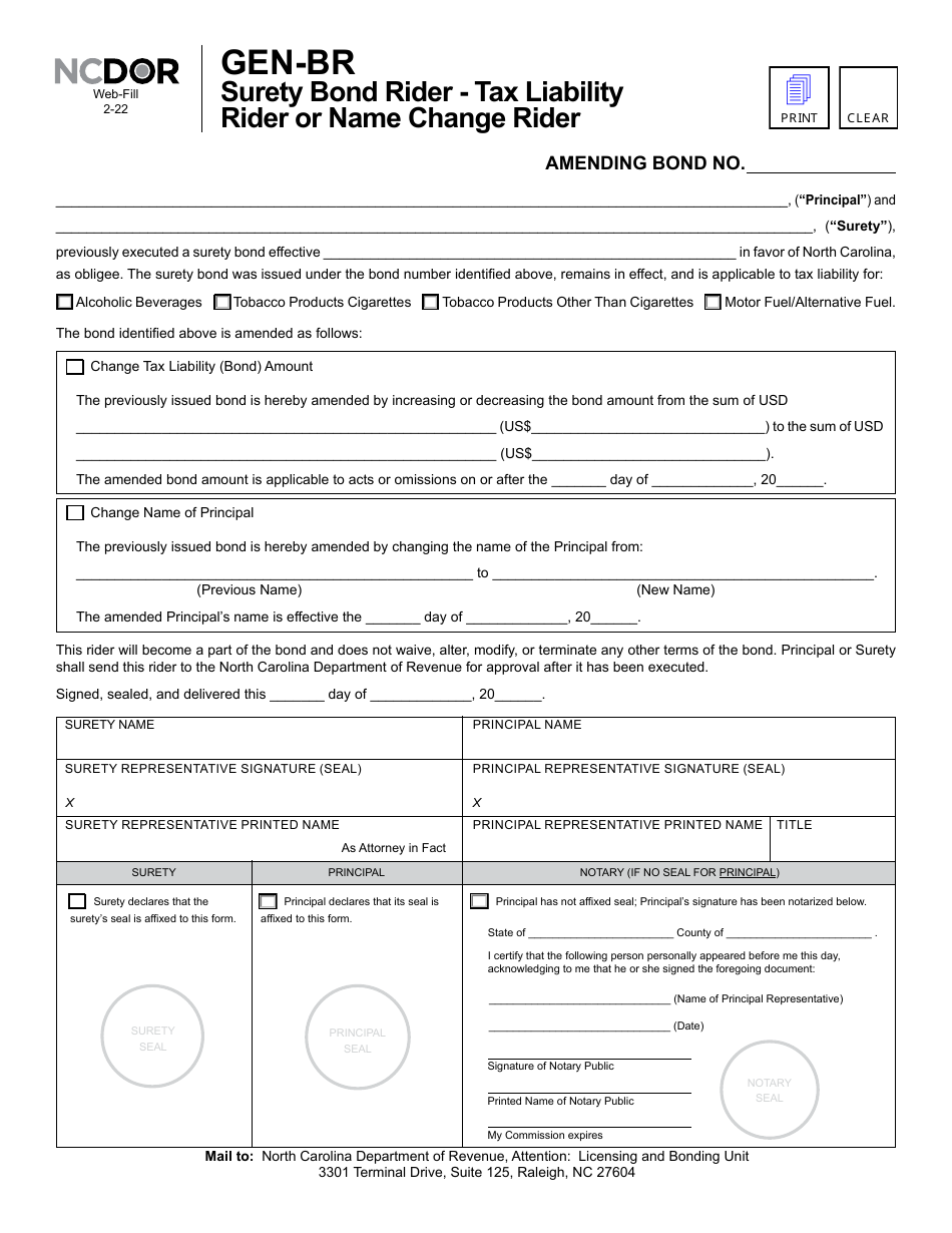 Form GEN-BR Surety Bond Rider - Tax Liability Rider or Name Change Rider - North Carolina, Page 1