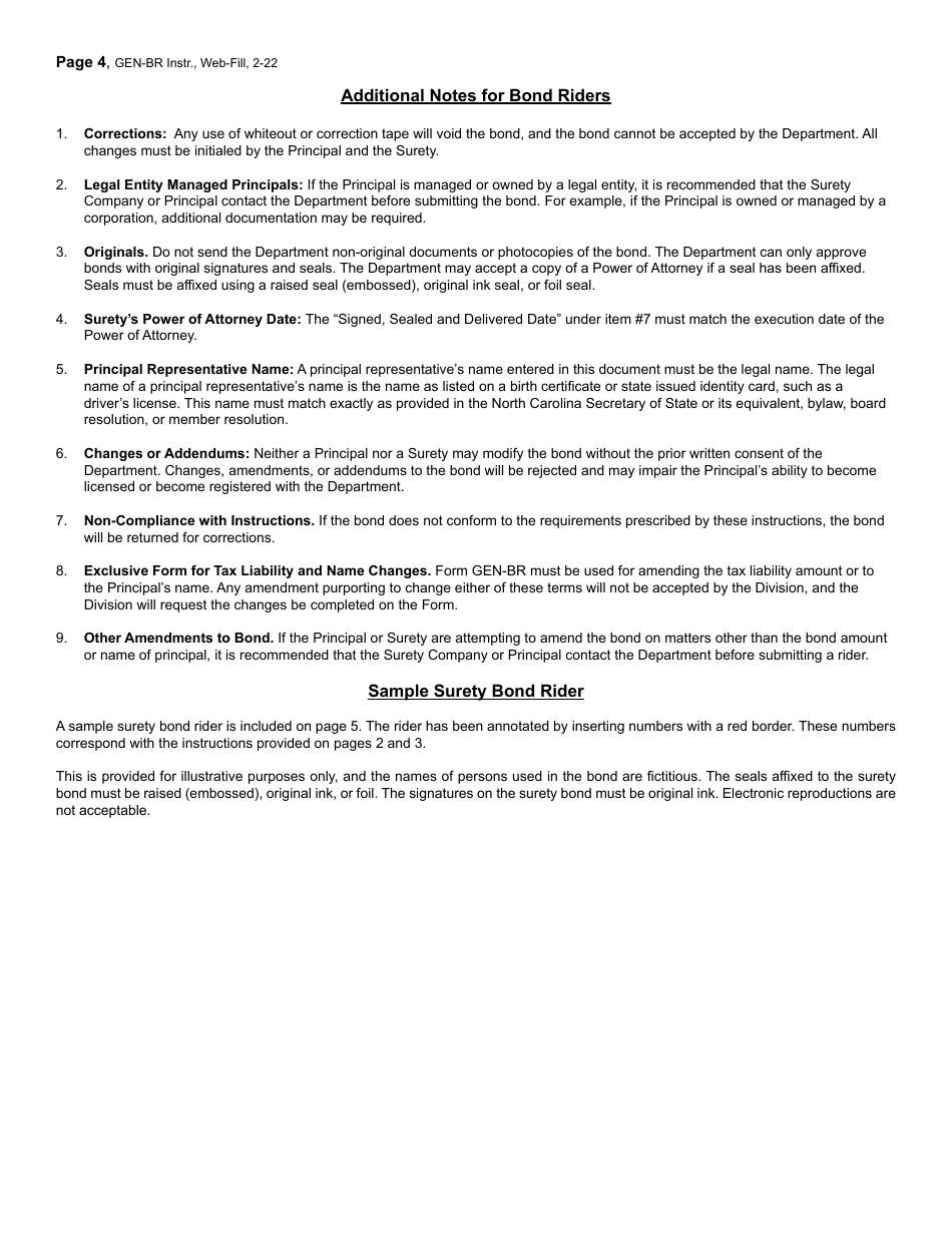 Form GEN-BR Surety Bond Rider - Tax Liability Rider or Name Change Rider - North Carolina, Page 4