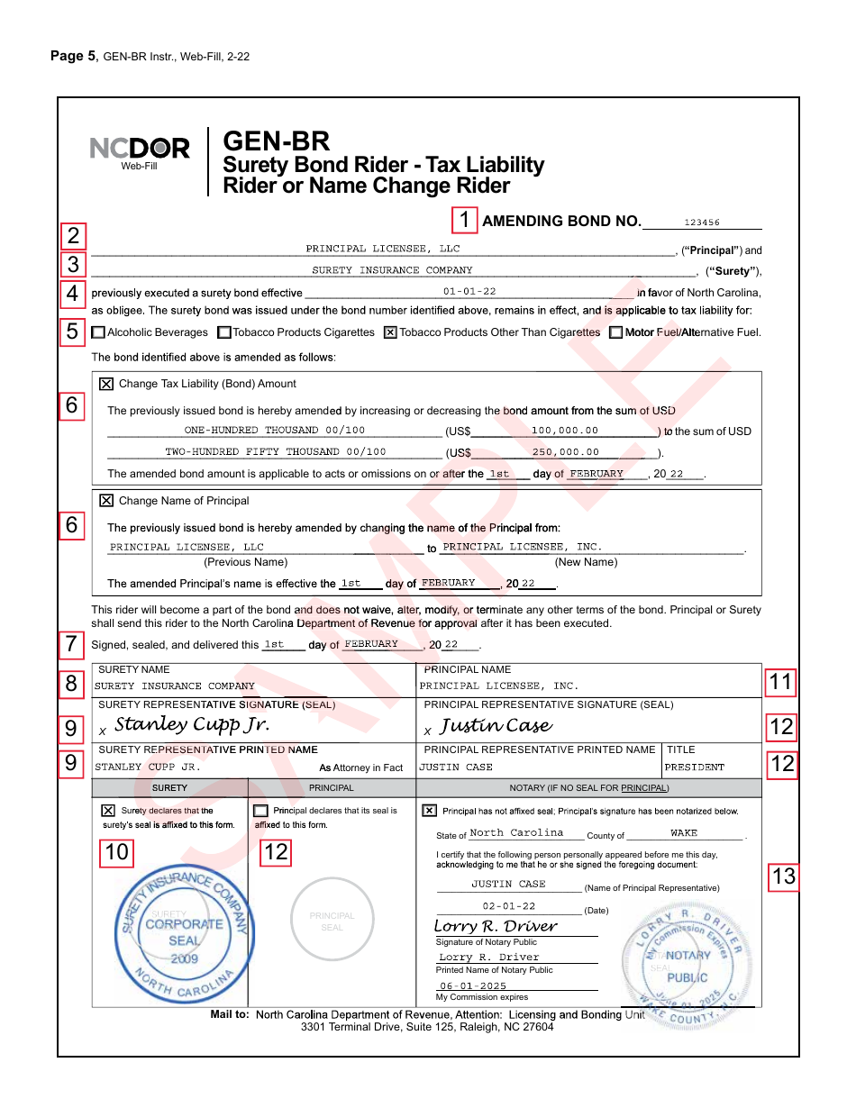 Form GEN-BR Surety Bond Rider - Tax Liability Rider or Name Change Rider - North Carolina, Page 5