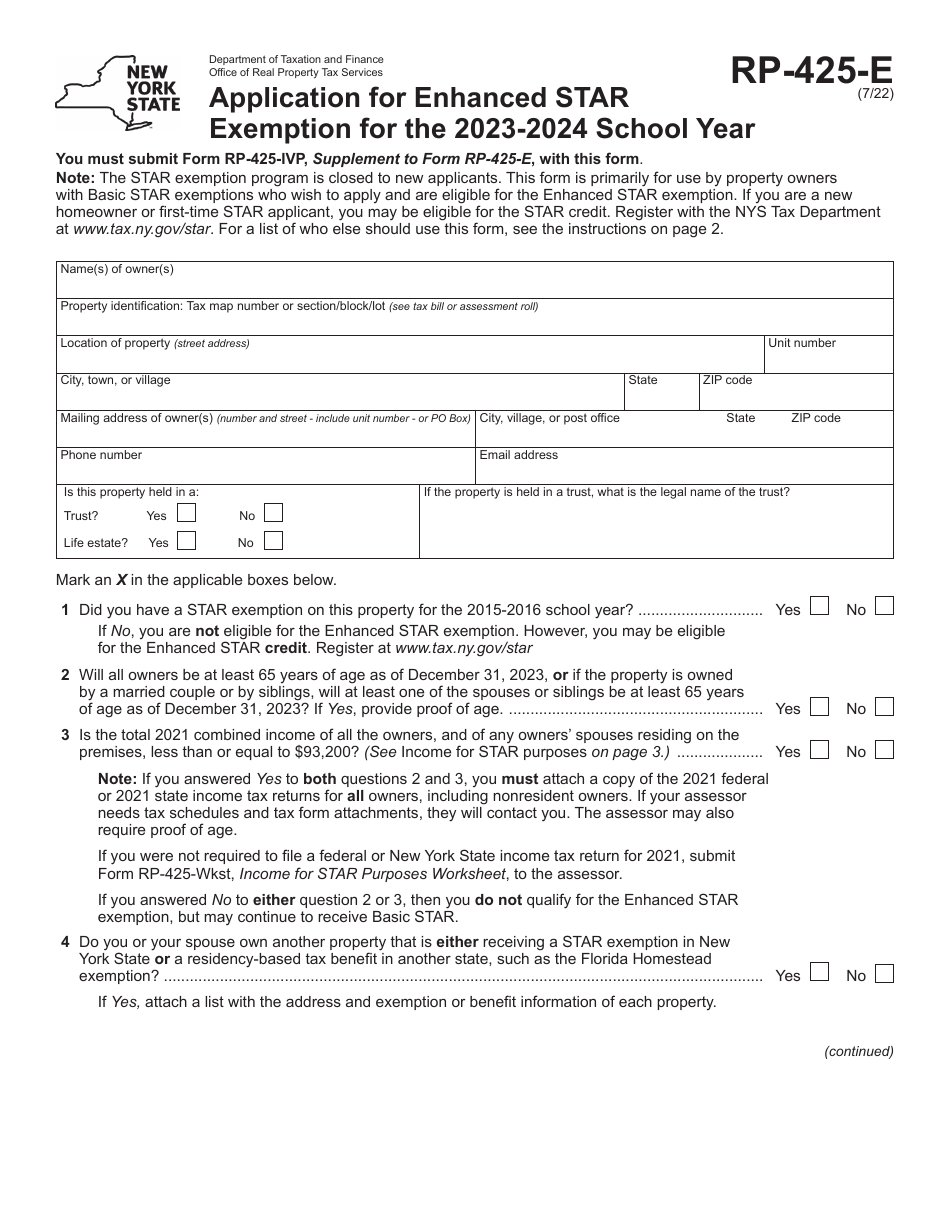 Form RP-425-E Application for Enhanced Star Exemption - New York, Page 1