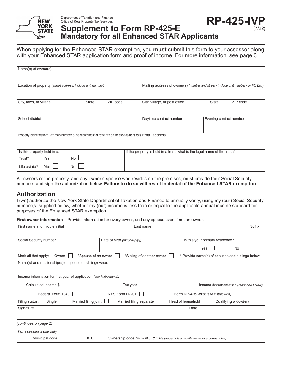 Form RP-425-IVP Supplement to Form Rp-425-e - Mandatory for All Enhanced Star Applicants - New York, Page 1