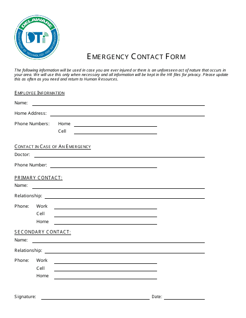 Emergency Contact Form - Delaware