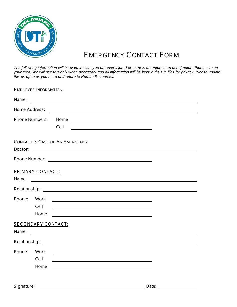 Emergency Contact Form - Delaware, Page 1